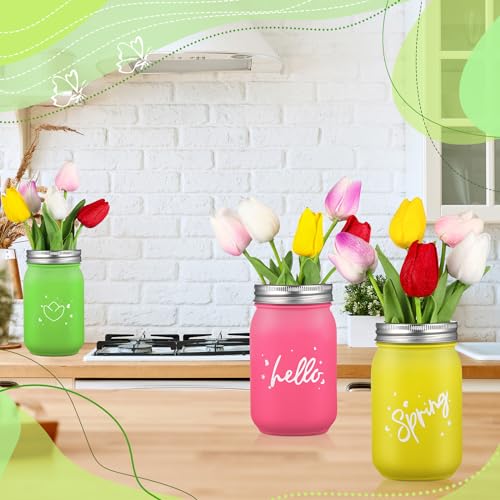 Hotop 15 Pcs Spring Decorations Tulips with 3 Mason Jar Table Centerpiece Multicolor Artificial Tulip Flowers Mason Jar Decoration Potted Tulips Flower for Office Wedding Party Floral Decorations