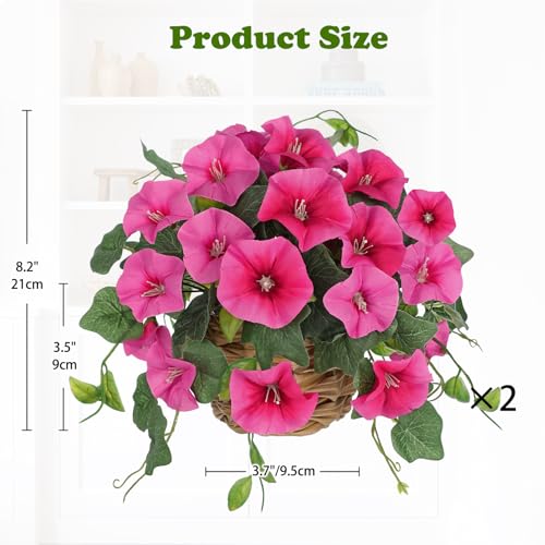 Briful 2 Pack Fake Morning Glory with Handwoven Basket - 8.2" Hot Pink Faux Potted Flowers Silk Floral Table Centerpiece for Home Office Room Shelf Desk Decor - color: Hot Pink