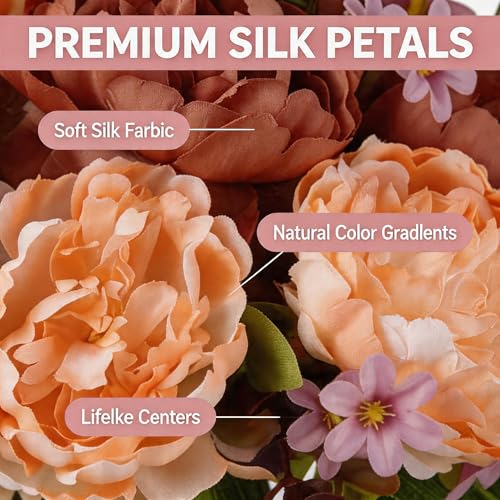 Mixed Peonies Artificial Flowers in Glass Vase, Silk Faux Peony Bouquet with Faux Water, Lifelike Fake Flower Arrangement for Home Decor, Wedding Bouquet, Table Centerpiece, Living Room Office - color: Coffee