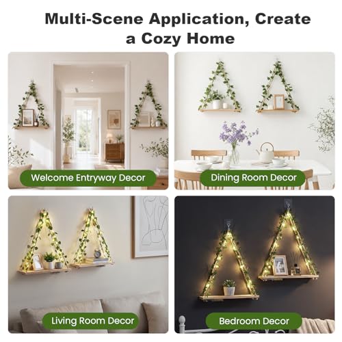 RICHER HOUSE Macrame Floating Shelves for Wall No Drilling, Boho Hanging Shelf with Artificial Ivy and LED Lights, Plant Wall Decor for Living Room Bedroom Dorm - color: Ivya*2