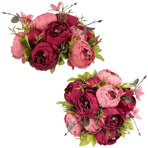 NUPTIO Flower Balls Flowers for Centerpieces: 2 Pcs 9.4 inch Diam Pink & Red Artificial Peony Fake Flower Ball Arrangement Bouquet Center Pieces for Tables Wedding Centerpiece Decorations - color: Pink & Dark Red