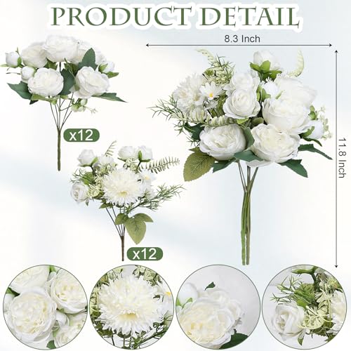 Peonies Artificial Flowers, 24 Bundles Silk Fake Peonies Faux Peony Arrangements for Spring Summer Wedding Bouquet Home Bridal Baby Shower Party Event Centerpieces Vase Office(White) - color: White