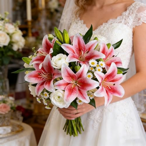 Kimura's Cabin 6Pcs Tiger Lily Artificial Flowers Real Touch Fake Lilies with Stems Faux Lilies Bouquet for Wedding Floral Arrangements Easter Home Table Centerpiece Office Decor(Pink - color: Pink