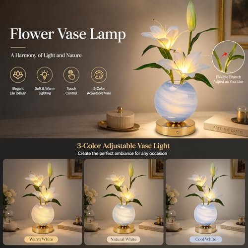 Lily Table Lamp, 3 Color Planet Night Light, Rechargeable Cordless Touch Dimming Artificial Flower Light, LED Flower Bedside Lamp Romantic Gifts for Girl Women Mom (White Lily) - color: White Lily