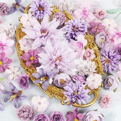 LACGO 48 PCS Artificial Flowers Heads, Fake Daisy Heads Bulk Silk Faux Rose DIY Cake Decor Blossom Garland Wreath Bouquets Crafts for Halloween Wedding Bridal Baby Shower Home Party Decoration(Purple) - color: Purple