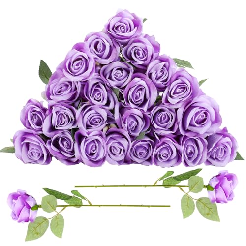 24 Pcs Lavender Rose Artificial Flowers with Long Stem Real Touch Silk Plastic Bouquet Purple Roses Bulk for Wedding Party Table Centerpieces Festival Decorations - color: Lavender