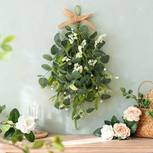 2 PCS 24'' Eucalyptus Teardrop Swag Wreaths Spring Summer Greenery Teardrop Swags for Front Door Artificial Farmhouse Green Hanging Swags with Berry Ribbon for Wedding Porch Wall Window Cabinet Decor - color: Green-1
