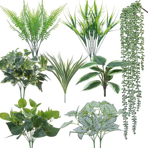 16 Bundles Artificial Greenery Stems for Outdoors Faux Plants UV Resistant Fake Leaves Bushes with Hanging Plants for Outside Porch Window Box Home Garden Decor (13.8") - color: Mixed 16pcs