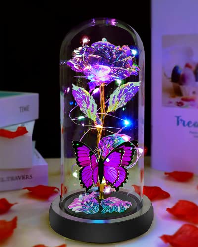 Mothers Day Rose Flower Gifts for Mom, Birthday Gifts for Women, Galaxy Crystal Light Up Rose Flowers in A Glass Dome, Mother Day Presents Wife Grandma Sister Her Mom from Daughter Butterfly Purple - color: A-purple