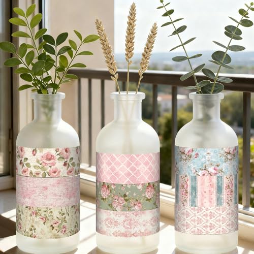 12 Rolls Watercolor Floral Washi Tape Set 15 mm Vintage Flower Decorative Masking Tape for Summer School Arts DIY Craft Scrapbook Journal Supplies Gifts(Vintage Pink,Rose) - color: Vintage Pink, style: Rose