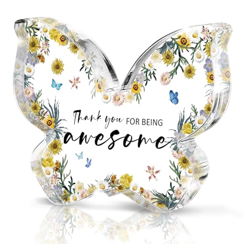 "Thank You For Being Awesome" Butterfly Acrylic Desk Plaque, Thoughtful Appreciation Gift for Boss, Employee, Teacher, or Best Friend - Office & Home Desk Decor - color: Yellow
