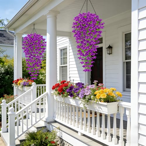 Betylifoy Artificial Hanging Flowers for Outdoors Summer Decor 2PCS Fake Hanging Plants UV Resistant Faux Silk Purple Violet Flowers Greenery Trailing Vines for Indoor Outside Garden Porch Decor - color: Purple