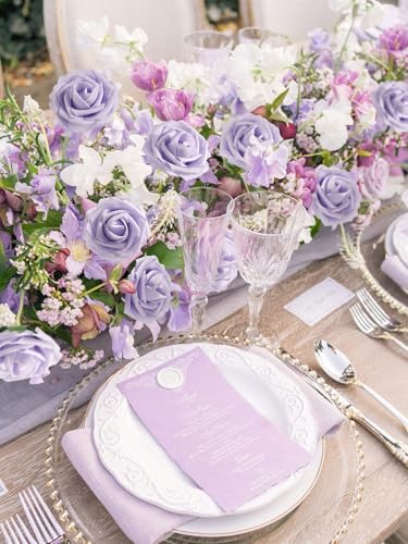 MACTING Artificial Lavender Flowers 30PCS Real Touch Fake Flowers with Stem Soft Foam Roses DIY Wedding Bouquet Boutonniere Table Centerpieces Party Summer Home Decorations - color: Lavender-1, size: 30PCS