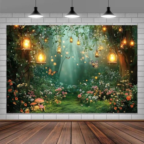 Spring Enchanted Forest Backdrop, Fairy Tale Wonderland Garden Backdrops for Photoshoot, Mushroom Butterfly Woodland Fairy Tea Party Decorations Photo Booth Studio Props Backdrops 5X3FT - color: Green, size: 5X3FT