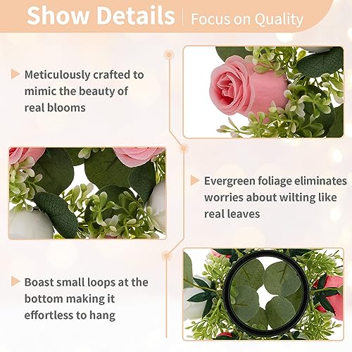 NUPTIO Flower Wreath for Table Centerpieces: 9.05 Inch Small Pink & White Candle Rings for Wedding Party Christmas Decorations - Rose Wreaths for Spring Summer Front Door Porch Decor 6 Pcs - color: Pink & White, size: Dia 9.05"-6pcs