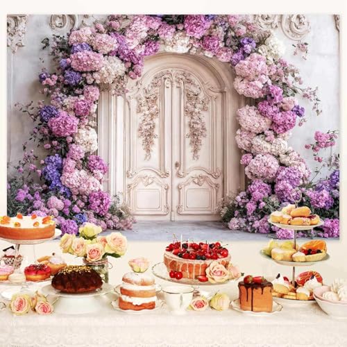 6X4ft Flower Backdrop Purple Floral Arch Retro Door Photography Backdrops Modern Interior European Style Wall Decoration Wedding Portrait Background Studio Photo Booth Props - color: Multi3, size: 6X4ft
