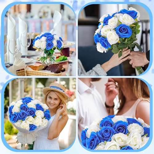 32 Pcs Blue, White Artificial Flowers Roses Fake, Silk Flowers with Stems for DIY Wedding Gothic Bridal Shower Centerpieces Arrangements Tables Decorations - color: Blue, White
