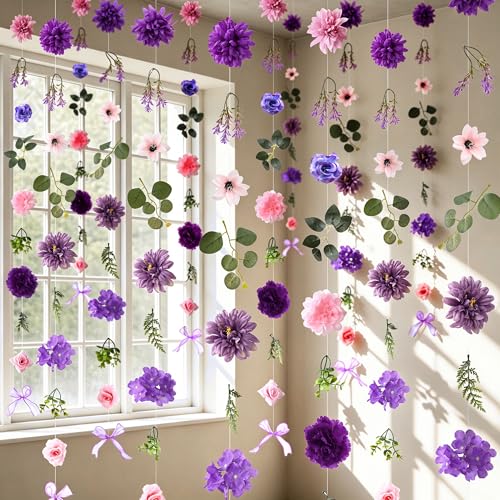 Livole 6Pcs 36Ft Hanging Flower Garland with Bow Wildflower Garlands Backdrop Silk Artificial Fake Floral Vines for Wedding Bridal Party Birthday Arch Wall Home Garden Decor(Purple) - color: Pinkish Purple, size: 6Pcs