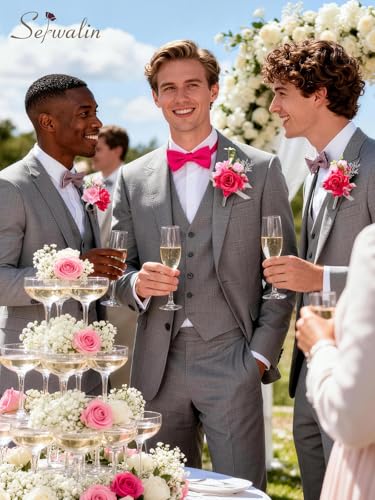 Serwalin 6 Pcs Hot Pink Boutonniere for Men, Groom Groomsmen Best Man Guest Boutonnieres，Artificial Flowers Silk Rose for Wedding Prom Ceremony Anniversary Party Homecoming - color: Hot Pink, size: Boutonniere 6pcs