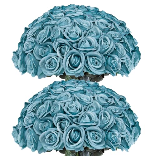 DuHouse 50pcs Artificial Flowers Silk Roses Realistic Fake Flowers for Wedding Decorations, Table Centerpieces, Bridal Bouquets, DIY Floral Arrangements, Party & Home Decor(Blue) - color: Blue