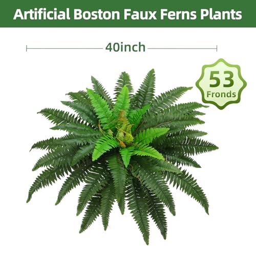 40" Artificial Boston Ferns Bush Plants, Set of 2, Large Faux Ferns Hanging Decor with 53 Fronds, Fake Vines Indoor Or Outdoors Planter for Home and Office Decor - size: 2 PCS-40in