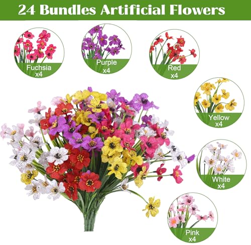 Bassion 24 Bundles Artificial Flowers for Outdoors Decoration, UV Resistant Mixed Color Silk Fake Faux Flowers Artificial Plants for Outside Window Box Porch Garden Home Decor - color: Mix Color