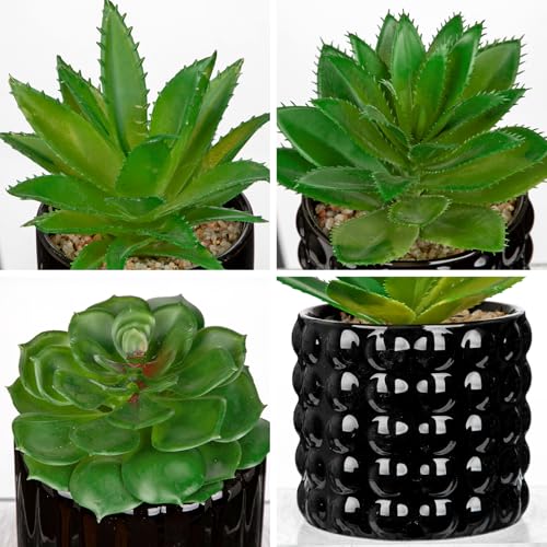 Briful Succulents Plants Artificial in Black Ceramic Pots (Set of 3), Small Fake Plants for Home Office Desk Decor – Modern Mini Potted Succulents for Bathroom, Bedroom, Living Room Table, Shelf - color: Black