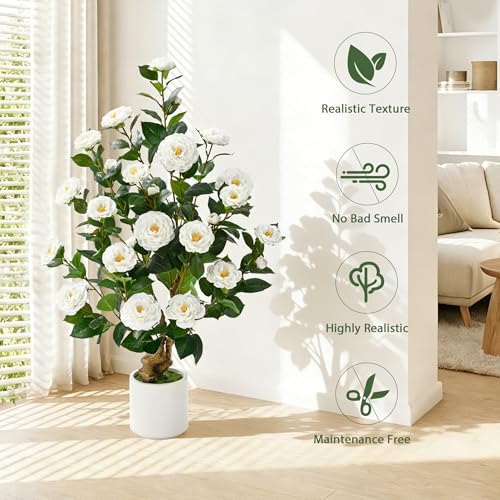 2 Pcs Artificial Camellia Tree, 38" Artificial Tree Plants Outdoor Faux Plants in Pot, Artificial Flower for Outdoors Front Porch Decor, Greenery Faux Fake Tree Plant for Indoor Outdoor Home Decor - color: White