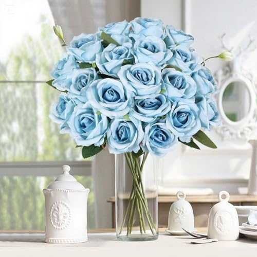 20PCS Artificial Roses with Long Stems - Realistic Silk Flowers, Fake Roses Real Touch Bouquet of Roses for Home Decor, Bridal Wedding Party Table Centerpieces, Bulk Faux Rose Flowers ( Sky Blue ) - color: Sky Blue, size: 20 PCS