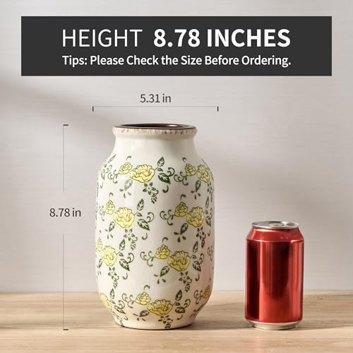 SIDUCAL Ceramic Vintage Pastoral Vase, 8.78 Inch Chinoiserie Floral Vase, Retro Ice Cracked Rustic Farmhouse Vases for Home Decor, Living Room, Bookshelf, Office, Tuscan Decor, Yellow Rose Pattern - color: 18049-yellow Rose