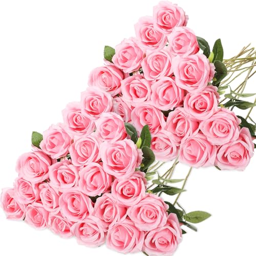 Hotop 40 Pcs Rose Artificial Flowers Bulk with Long Stem,Realistic Silk Fake Roses Bouquet for Home Wedding Centerpieces Party Table Decoration Valentines Gifts(Pink) - color: Pink