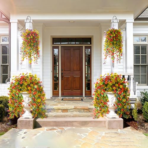 CCILAND 2 PCS Artificial Hanging Flowers for Outdoors, Fake Flower Plants UV Resistant Faux Hanging Spring Flowers for Home Porch Garden Patio Yard (Orange and Yellow) - color: Orange and Yellow
