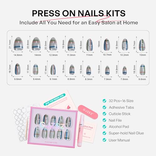 32Pcs Soft Gel Press on Nails for Women, Silver Plaid, Short Almond | Magnetic Glass Cat Eye False Fake Nails Press Ons for Office Daily Wear, Salon Quality Reusable Glue & Stick on Nail Gift Kit - color: 1C-Silver Plaid