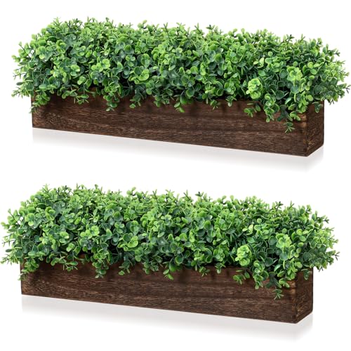 Lyrow 2 Pack Artificial Eucalyptus Plant in Rustic Rectangular Wooden Planter Box Greenery Faux Potted Herb Plant for Indoor Wedding Table Centerpiece(Emerald,24 x 3.7 x 3.7 Inches,Stylish Style) - color: Brown, size: 24 Inch, style: Emerald Green Round L