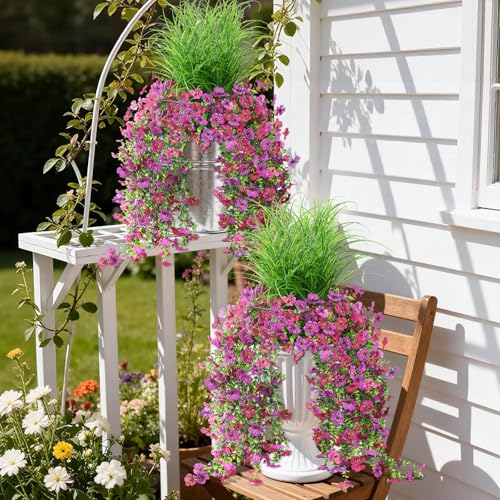 Artificial Hanging Flowers with Wheat Grass for Outdoors, 5 Pcs Fake Hanging Plants for Spring Decor, UV Resistant Faux Silk Flower Greenry for Planter Porch Patio Yard Garden(Light Purple Red) - color: Z Light Purple Red With Grass
