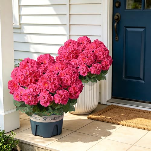 Geraniums Artificial Flowers for Outdoors, 2 Pack Potted Plants Fake Geranium Bush Realistic Fake Flowers UV Resistant Faux Flowers for Outdoor Planters Outside Gardens Front Door Yard Indoor, HotPink - color: Hotpink