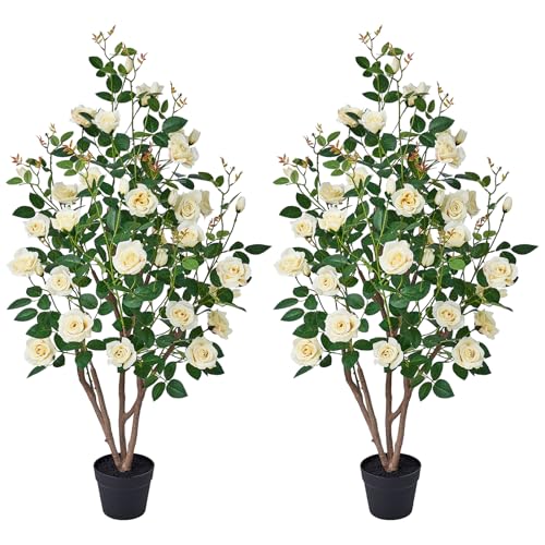 VeriNatural Fake Rose Plants,4Ft(48") Orange Artificial Roses,UV-Resistant Faux Silk Flowers for Indoor Outdoor,Potted Faux Trees for Home Decor, Courtyard,Patio, Front Porch Topiary Set of 2 - color: Yellow, size: 4ft