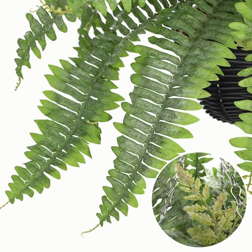Artificial Fern Hanging Basket Plant 25" Boston Ferns 31 Leaves Greenery Plants with Rattan Pot for Outdoors & Indoor Fake Fern Bush Plant in Pot for Patio Entrance Porch Garden Decor Dusty Green - color: Hanging Basket - Dusty Green Medium 2