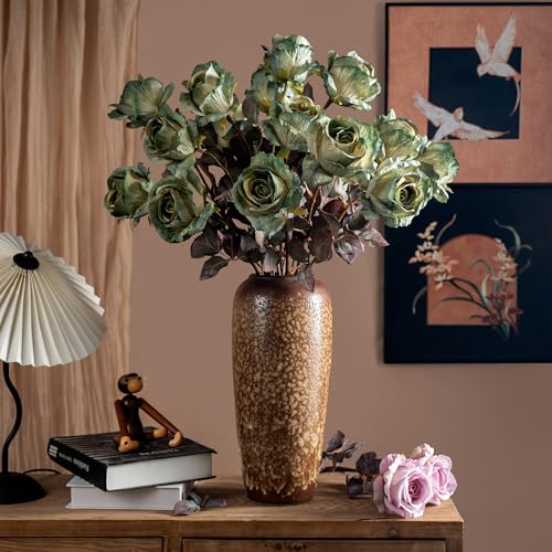 Artificial Flowers Artificial Roses Fake Roses 20PCS Long Stem Artificial Flowers for Tall Vase Silk Rose Suitable for Indoor Decor Wedding Party Decoration DIY Bouquet Autumn,(23.2In,Green) - color: Green