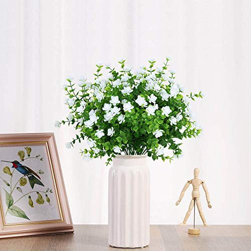8 Bundles Outdoor Artificial Fake Flowers UV Resistant No Fade Boxwood Faux Plastic Plants for Garden Patio Porch Window Box Home Wedding Farmhouse Décor (White) - color: White