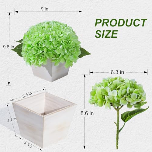Artificial Hydrangea Flowers Arrangement in Wood Planter, 4PCS Fake Green Flowers in Wooden Vase Potted Floral Centerpieces for Tables Living Room Home Office Room Shelf Kitchen Decor - color: Light Green Hydrangea