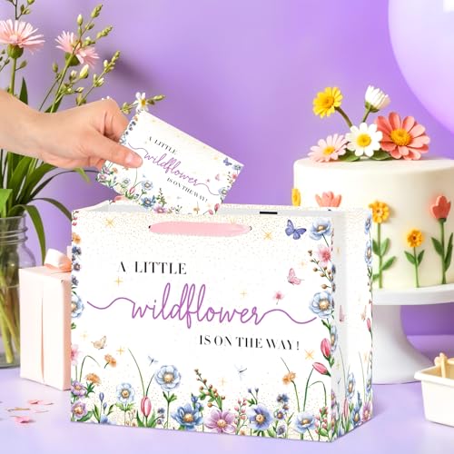 LUUFILx Wildflower Gift Bag for Baby Girls Watercolor A Little Wildflower is On The Way Gift Bag with Wrapping Paper Card Colorful Floral Butterfly Paper Bag for Baby Shower Birthday Party Supplies