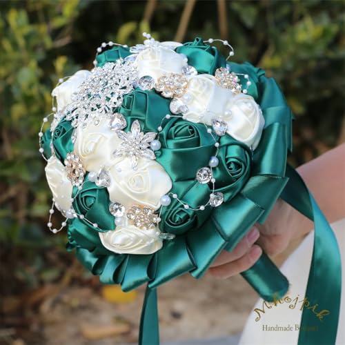 8.7" Dark Green & Ivory Bridal Wedding Bouquet Round Holding Bouquet Throw Toss Artificial Rose Flower Bunch for Bride Bridesmaid Wedding Quinceanera - color: Dark Green & Ivory, size: Medium (Dia. 8.7"/22cm)