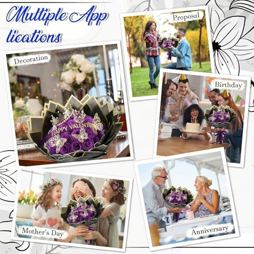 Thiccywoov 36 Pcs Glitter Roses Bouquet Graduation Artificial Rose DIY Flower Bouquet Kit Flower Wrapping Paper 3D Butterflies Crowns for Mom Mother Teacher Birthday (Purple) - color: Purple