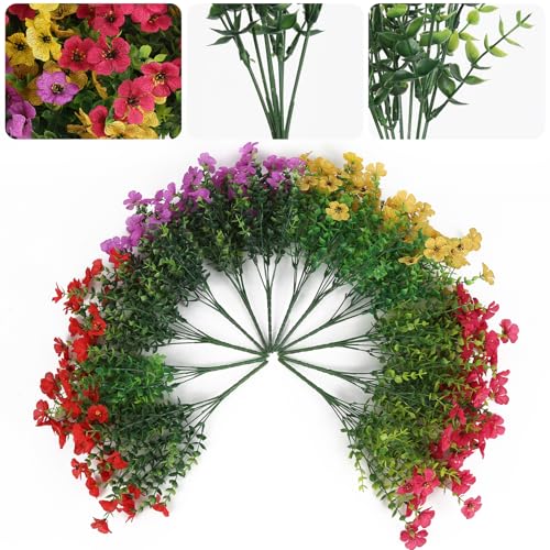 Artificial Flowers for Outdoor Planter Indoor Decor Fake Silk Daisy Flowers UV Resistant Faux Plants for Spring Summer Garden Home Boxwood Porch Patio Window Box, 12 Bundles (4-Color Mixed) - color: Mix Purple/ Yellow/ Red/ Deep Pink