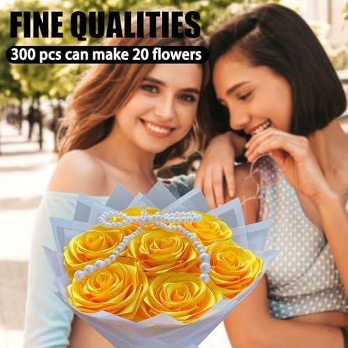 300Pcs Premade Satin Ribbon Rose Petals Half-Finished for Eternal Rose DIY Ramos Forever Flowers Bouquets Everlasting Floral,for Wedding,Anniversary,Birthday (300 Pcs Gold) - color: 300 Pcs Gold