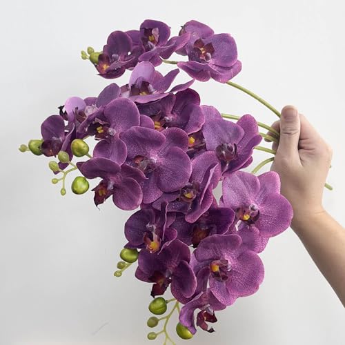 5 Fake Orchid in 17 Inches with Real Touch Flowers and Flexible Stems, Artificial Orchids That Look Real Arrange for Wedding Bouquets Home Office Indoor Decorations (Dark Purple) - color: Dark Purple
