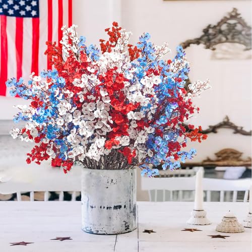 Uieke 30 Pcs 4th of July Artificial Flowers Fake Patriotic Babys Breath Flowers for Independence Day Decor Blue White Red Silk Flowers for Memorial Day Floral Arrangement Home Wedding - color: Red Blue White, size: 30PCS