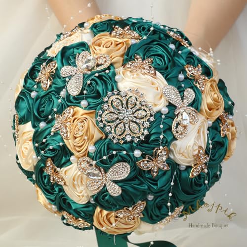 Handmade Wedding Flowers Bouquet Round Holding Bridal Bouquet Artificial Satin Roses Bunch for Bride Bridesmaid Wedding Quinceanera - color: Dark Green, Cream & Light Gold, size: Medium (Dia. 8.7"/22cm)