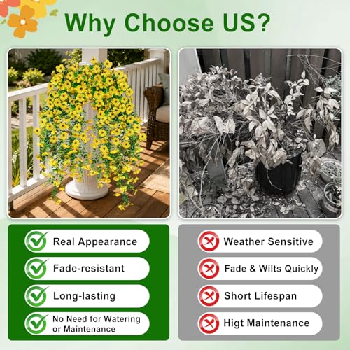 Artificial Hanging Flowers for Outdoors Decorations 2 Pack, Fake Hanging Flowers, UV Resistant Artificial Hanging Plants Outdoors for Home Porch Patio Balcony Baskets Yard(Yellow) - color: Yellow
